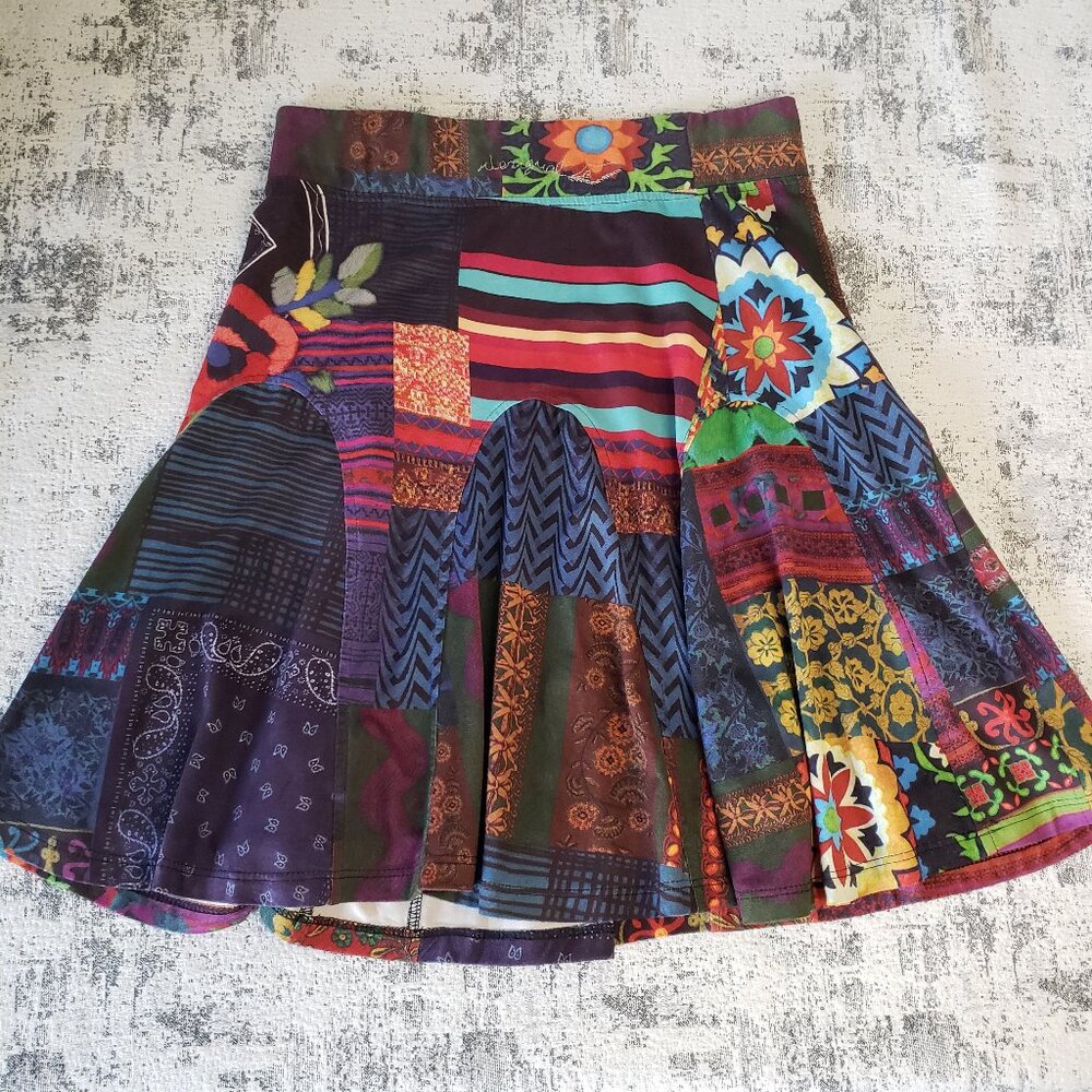 Desigual Spain Funky Patchwork Boho Bright Colourful Skirt w Flowers + Stripes